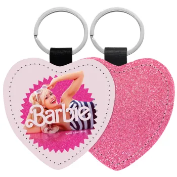 Barbie is everything, Μπρελόκ PU δερμάτινο glitter καρδιά ΡΟΖ