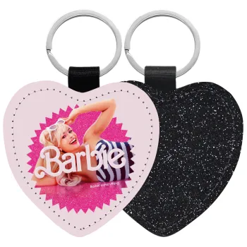 Barbie is everything, Μπρελόκ PU δερμάτινο glitter καρδιά ΜΑΥΡΟ