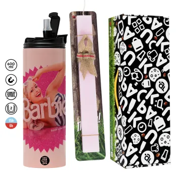 Barbie is everything, Πασχαλινή Λαμπάδα με  ΡΟΖ Travel Tumbler θερμό (600ml, BPA free) & κερί αρωματικό πλακέ (30cm) (ΡΟΖ)