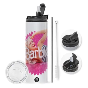 Barbie is everything, Travel Tumbler θερμό με διπλό καπάκι, μεταλλικό καλαμάκι και βούρτσα καθαρισμού (Ανωξείδωτο 304 Food grade, BPA free, 600ml)