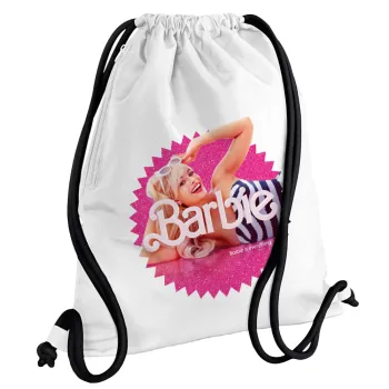 Barbie is everything, Τσάντα πλάτης πουγκί GYMBAG λευκή, με τσέπη (40x48cm) & χονδρά κορδόνια