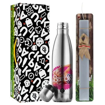 Barbie is everything, Easter Set, metallic stainless thermos flask (500ml) & scented flat Easter candle (30cm) (GRAY)
