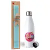 Easter Set, metallic stainless steel water bottle (750ml) & aromatic flat Easter candle (30cm) (TURQUOISE)