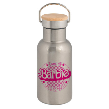 Come On Barbie Lets Go Party , Stainless steel metallic thermos flask, silver with a bamboo lid, double-walled, 350ml.