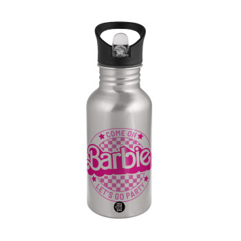 Come On Barbie Lets Go Party , Παγούρι νερού Ασημένιο με καλαμάκι, ανοξείδωτο ατσάλι 500ml