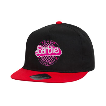 Come On Barbie Lets Go Party , Καπέλο παιδικό snapback, 100% Βαμβακερό, Μαύρο/Κόκκινο