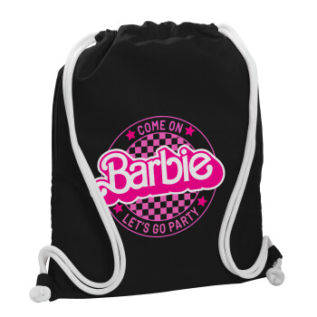 Come On Barbie Lets Go Party , Τσάντα πλάτης πουγκί GYMBAG Μαύρη, με τσέπη (40x48cm) & χονδρά λευκά κορδόνια