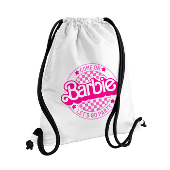 Come On Barbie Lets Go Party , Τσάντα πλάτης πουγκί GYMBAG λευκή, με τσέπη (40x48cm) & χονδρά κορδόνια