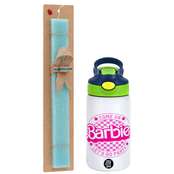 Come On Barbie Lets Go Party , Πασχαλινό Σετ, Παιδικό παγούρι θερμό, ανοξείδωτο, με καλαμάκι ασφαλείας, πράσινο/μπλε (350ml) & πασχαλινή λαμπάδα αρωματική πλακέ (30cm) (ΤΙΡΚΟΥΑΖ)
