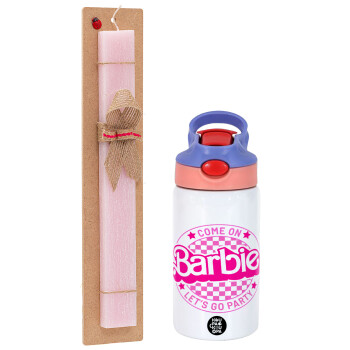 Come On Barbie Lets Go Party , Easter Set, Children's thermal stainless steel water bottle with safety straw, pink/purple (350ml) & Easter scented flat candle (30cm) (PINK)