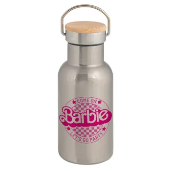 Come On Barbie Lets Go Party , Μεταλλικό παγούρι θερμός (Stainless steel) Ασημένιο με ξύλινο καπακι (bamboo), διπλού τοιχώματος, 350ml