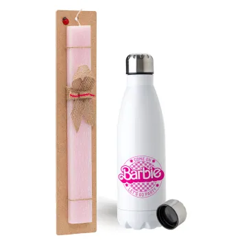 Come On Barbie Lets Go Party , Easter Set, metallic stainless steel water bottle (750ml) & scented flat Easter candle (30cm) (PINK)