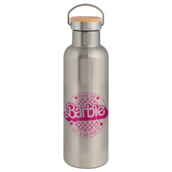 Come On Barbie Lets Go Party , Μεταλλικό παγούρι θερμός (Stainless steel) Ασημένιο με ξύλινο καπακι (bamboo), διπλού τοιχώματος, 750ml