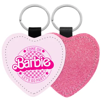 Come On Barbie Lets Go Party , Μπρελόκ PU δερμάτινο glitter καρδιά ΡΟΖ