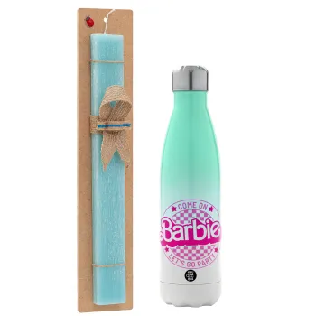 Come On Barbie Lets Go Party , Easter Set, Metallic green/white thermos (Stainless steel), double-walled, 500ml & scented flat Easter candle (30cm) (TURQUOISE)