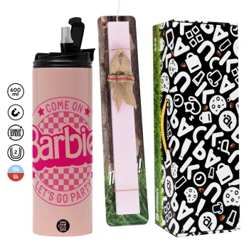 Come On Barbie Lets Go Party , Πασχαλινή Λαμπάδα με  ΡΟΖ Travel Tumbler θερμό (600ml, BPA free) & κερί αρωματικό πλακέ (30cm) (ΡΟΖ)