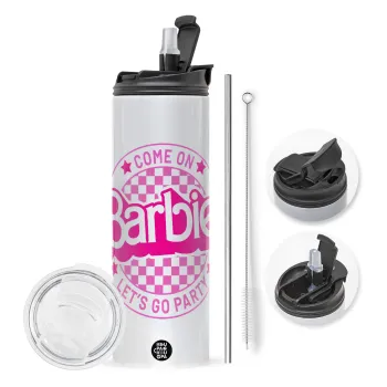 Come On Barbie Lets Go Party , Travel Tumbler 2 Lids, with metal straw & cleaning brush (Stainless steel 304 Food grade, BPA free, 600ml)