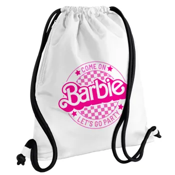 Come On Barbie Lets Go Party , Τσάντα πλάτης πουγκί GYMBAG λευκή, με τσέπη (40x48cm) & χονδρά κορδόνια