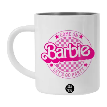 Come On Barbie Lets Go Party , Λευκή Ανοξείδωτη Μεταλλική Κούπα 450ml - Διπλού Τοιχώματος 