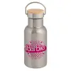 Stainless steel metallic thermos flask, silver with a bamboo lid, double-walled, 350ml.