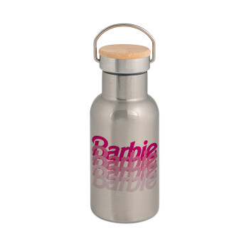 Barbie repeat, Stainless steel metallic thermos flask, silver with a bamboo lid, double-walled, 350ml.