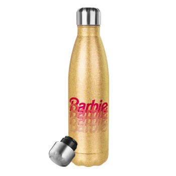 Barbie repeat, Μεταλλικό παγούρι θερμός Glitter χρυσό (Stainless steel), διπλού τοιχώματος, 500ml