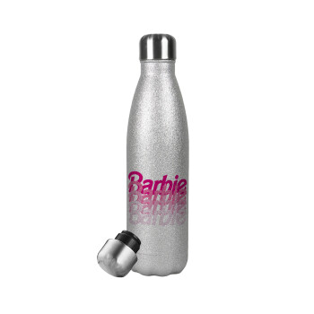 Barbie repeat, Μεταλλικό παγούρι θερμός Glitter Aσημένιο (Stainless steel), διπλού τοιχώματος, 500ml