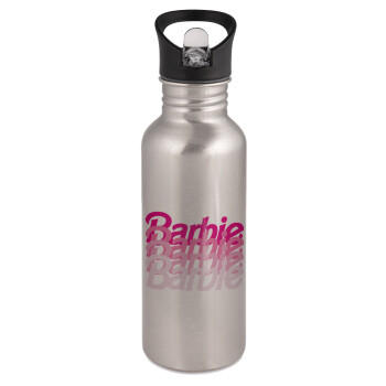 Barbie repeat, Water bottle Silver with straw, stainless steel 600ml