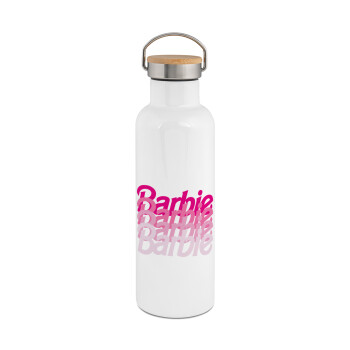 Barbie repeat, Μεταλλικό παγούρι θερμός (Stainless steel) Λευκό με ξύλινο καπάκι (bamboo), διπλού τοιχώματος, 750ml