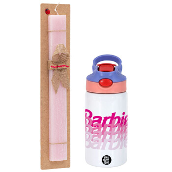 Barbie repeat, Easter Set, Children's thermal stainless steel water bottle with safety straw, pink/purple (350ml) & Easter scented flat candle (30cm) (PINK)