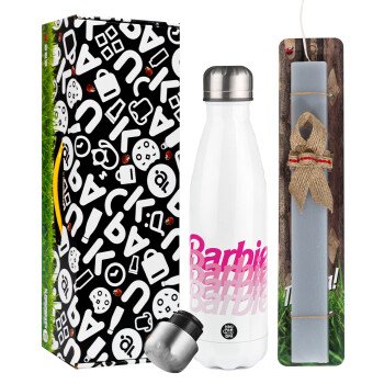 Barbie repeat, Easter candle, metallic white thermos bottle (500ml) & aromatic flat candle (30cm) (GRAY)