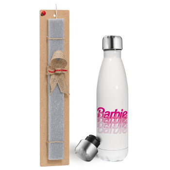 Barbie repeat, Πασχαλινή λαμπάδα, μεταλλικό παγούρι θερμός λευκός (500ml) & λαμπάδα αρωματική πλακέ (30cm) (ΓΚΡΙ)