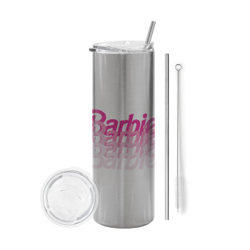 Barbie repeat, Eco friendly stainless steel Silver tumbler 600ml, with metal straw & cleaning brush