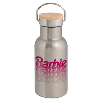 Barbie repeat, Μεταλλικό παγούρι θερμός (Stainless steel) Ασημένιο με ξύλινο καπακι (bamboo), διπλού τοιχώματος, 350ml
