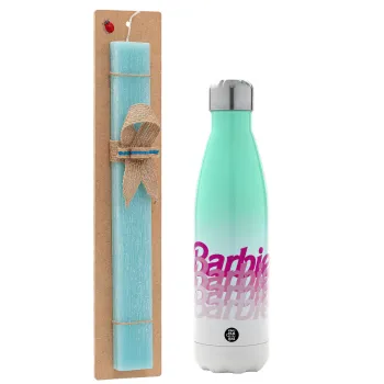 Barbie repeat, Easter Set, Metallic green/white thermos (Stainless steel), double-walled, 500ml & scented flat Easter candle (30cm) (TURQUOISE)
