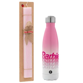 Barbie repeat, Πασχαλινή Λαμπάδα με Μεταλλικό παγούρι θερμός Ροζ/Λευκό (Stainless steel), διπλού τοιχώματος, 500ml & κερί αρωματικό πλακέ (30cm) (ΡΟΖ)