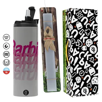 Barbie repeat, Πασχαλινή Λαμπάδα με Travel Tumbler θερμό (600ml, BPA free) & κερί αρωματικό πλακέ (30cm) (ΓΚΡΙ)