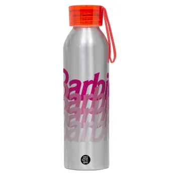 Barbie repeat, Αλουμινένιο Αθλητικό Μπουκάλι 650ml – Ασημί με Κόκκινο Καπάκι και Λουράκι Σιλικόνης
