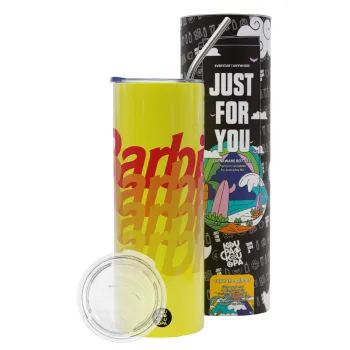 Barbie repeat, Neon Yellow Travel Tumbler θερμό, μεταλλικό καλαμάκι(Ανωξείδωτο 304 Food grade, BPA free, 600ml)