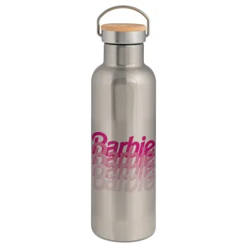 Barbie repeat, Μεταλλικό παγούρι θερμός (Stainless steel) Ασημένιο με ξύλινο καπακι (bamboo), διπλού τοιχώματος, 750ml