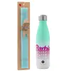Easter Set, Metallic green/white thermos (Stainless steel), double-walled, 500ml & scented flat Easter candle (30cm) (TURQUOISE)