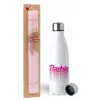 Easter Set, metallic stainless steel water bottle (750ml) & scented flat Easter candle (30cm) (PINK)