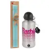 Easter Set, metallic silver aluminum water bottle (500ml) & scented flat Easter candle (30cm) (TURQUOISE)
