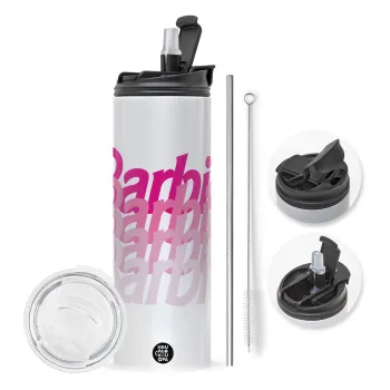 Barbie repeat, Travel Tumbler 2 Lids, with metal straw & cleaning brush (Stainless steel 304 Food grade, BPA free, 600ml)