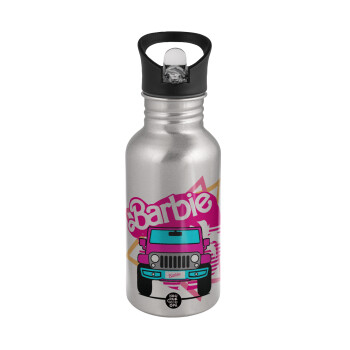Barbie car, Water bottle Silver with straw, stainless steel 500ml
