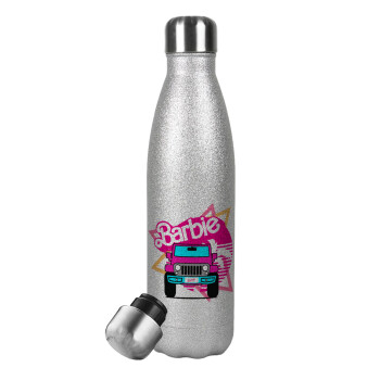 Barbie car, Μεταλλικό παγούρι θερμός Glitter Aσημένιο (Stainless steel), διπλού τοιχώματος, 500ml