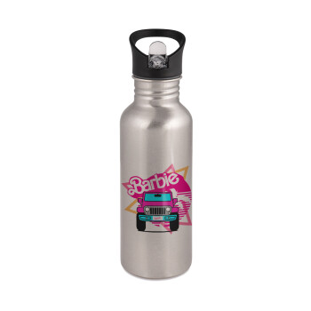 Barbie car, Water bottle Silver with straw, stainless steel 600ml