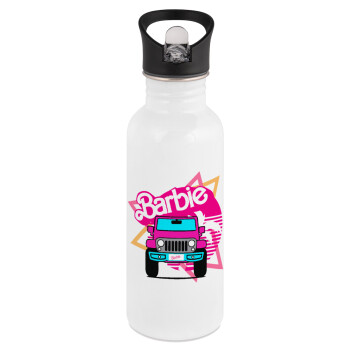 Barbie car, White water bottle with straw, stainless steel 600ml