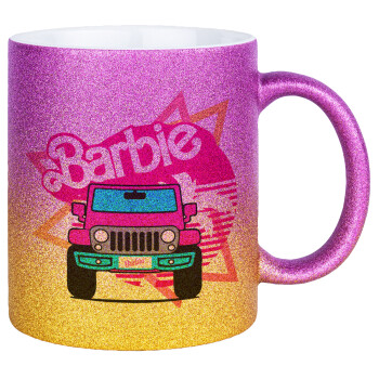 Barbie car, Κούπα Χρυσή/Ροζ Glitter, κεραμική, 330ml
