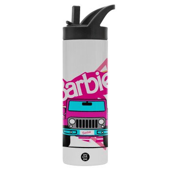 Barbie car, Μεταλλικό παγούρι θερμός με καλαμάκι & χειρολαβή, ανοξείδωτο ατσάλι (Stainless steel 304), διπλού τοιχώματος, 600ml
